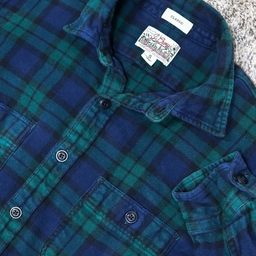 J.‎ Crew Classic Double Brushed Midweight Flannel Shirt Blue Green Plaid Size S